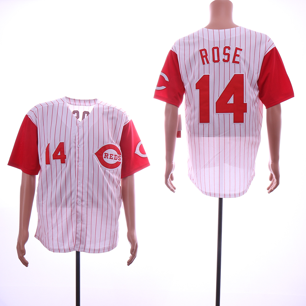 Men MLB Cincinnati Reds #14 Rose white red with strips  jerseys->cincinnati reds->MLB Jersey